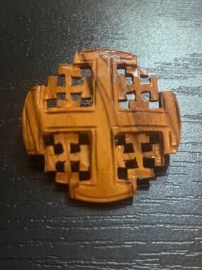 Vintage Israel Olive Wood Jerusalem Cross Brooch Hand Carved